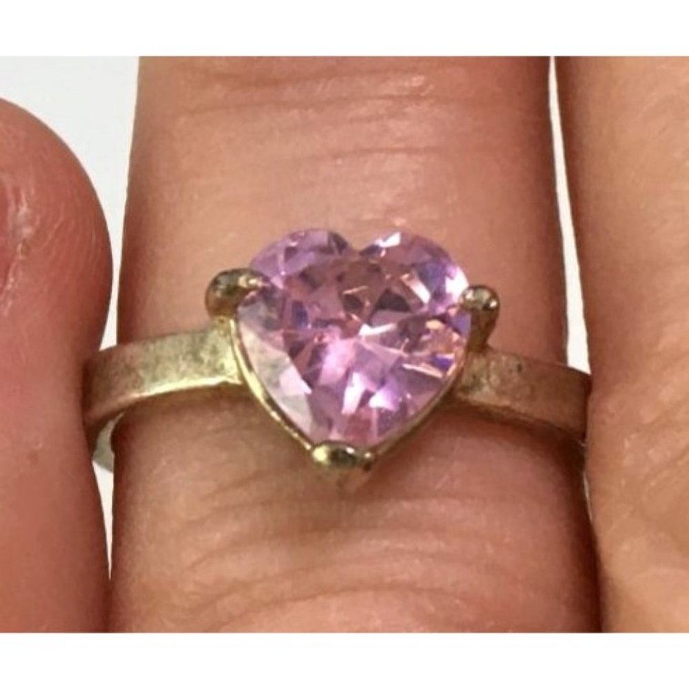 Stackable Pink Heart CZ Crystal Ring  with Hammered Silver Tone Band Size: 9